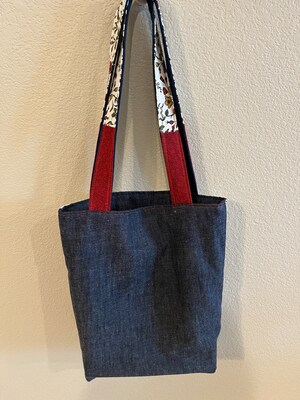 Upcycled Denim and Floral Shoulder Tote with Bird Motif, Large Size - image4